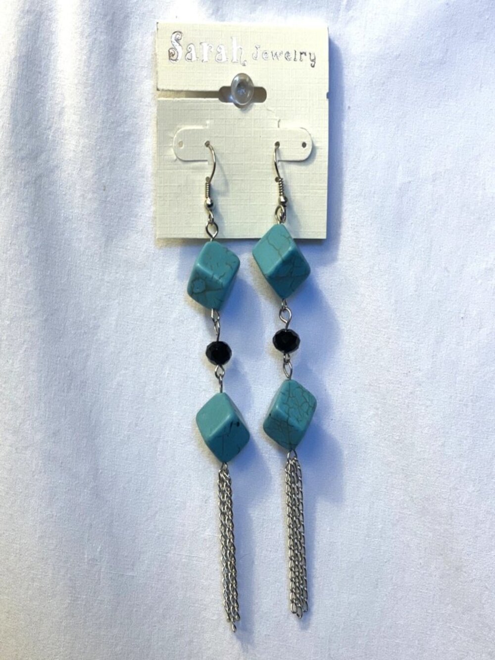 Faux Turquoise Double Cube Dangle Earrings Black Bead Silver Tassel Chain Drop